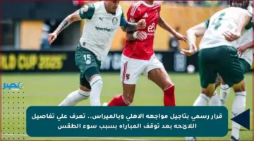قرار رسمي بتأجيل مواجهة الأهلي وبالميراس.. تعرف على تفاصيل اللائحة بعد توقف المباراة بسبب سوء الطقس